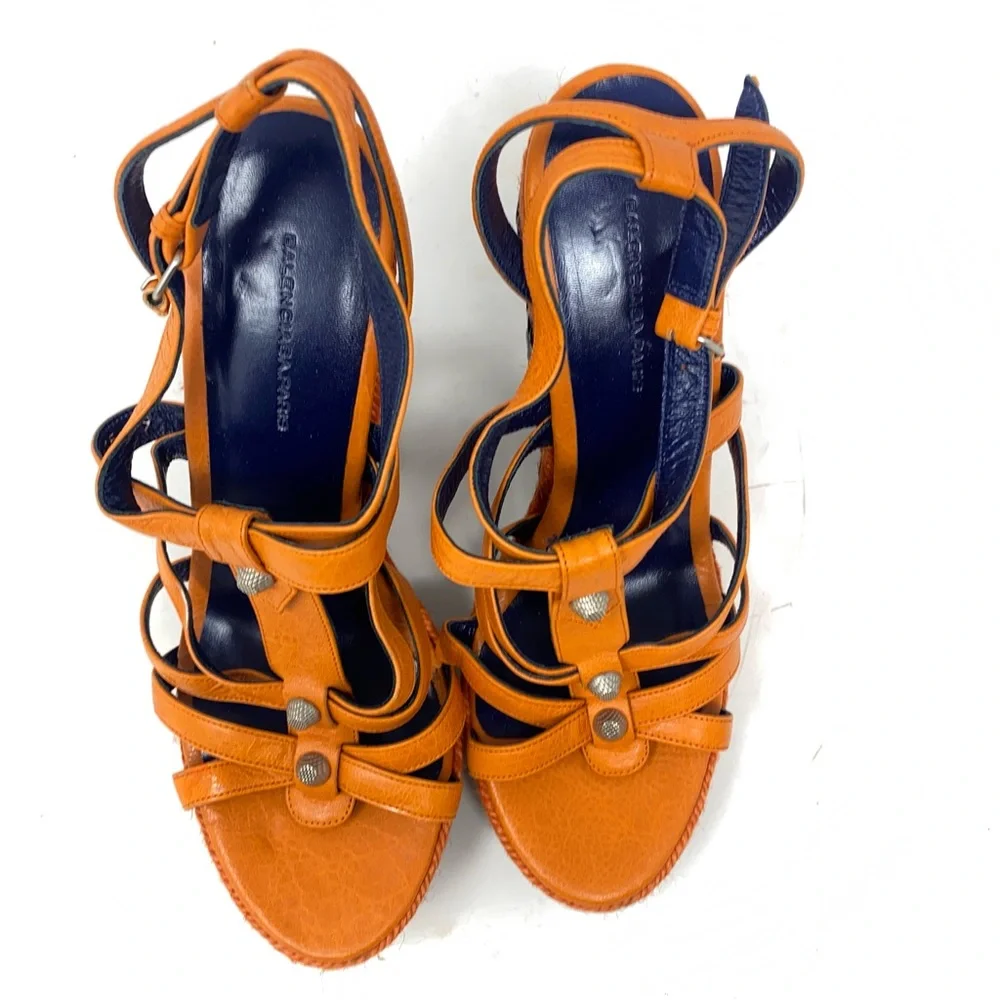 ❤️Balenciaga Paris  Orange Espadrille Wedge Strappy Sandals.  EUC.  Studded - Picture 4 of 11